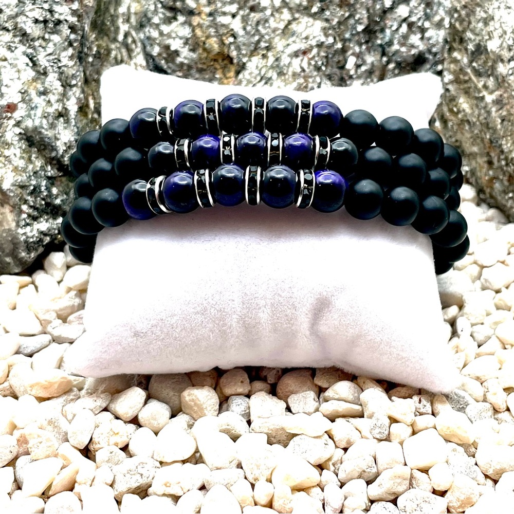 3 rare purple tigers eye and onyx bracelets for men and women with gift box